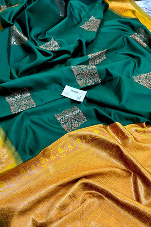 Bottle Green and Yellow Zari Silk Banarasi Saree
