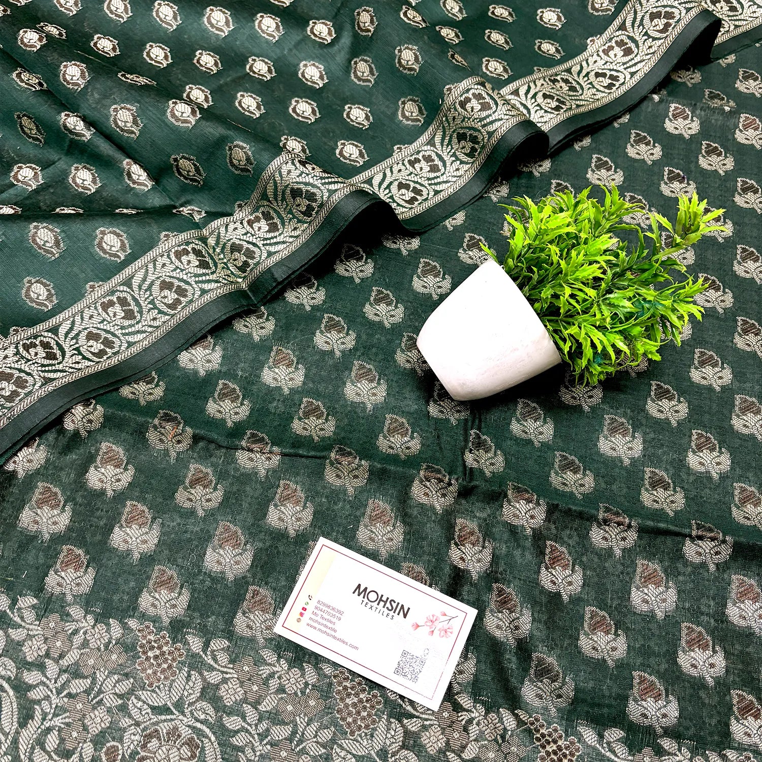 Bottle Green Angoori Buti Cotton Silk Banarasi Suit