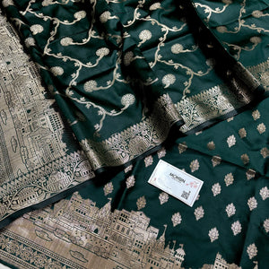 Bottle Green Assi Ghat Mandir Semi Katan Silk Banarasi Suit