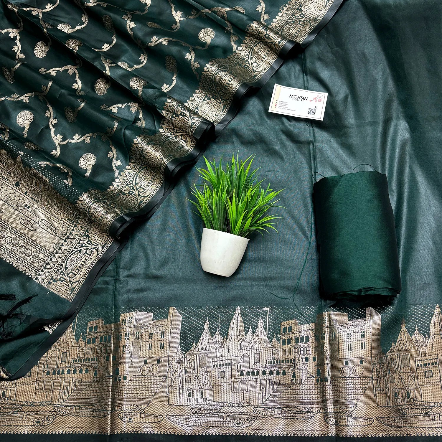 Bottle Green Assi Ghat Plain Semi Katan Silk Banarasi Suit