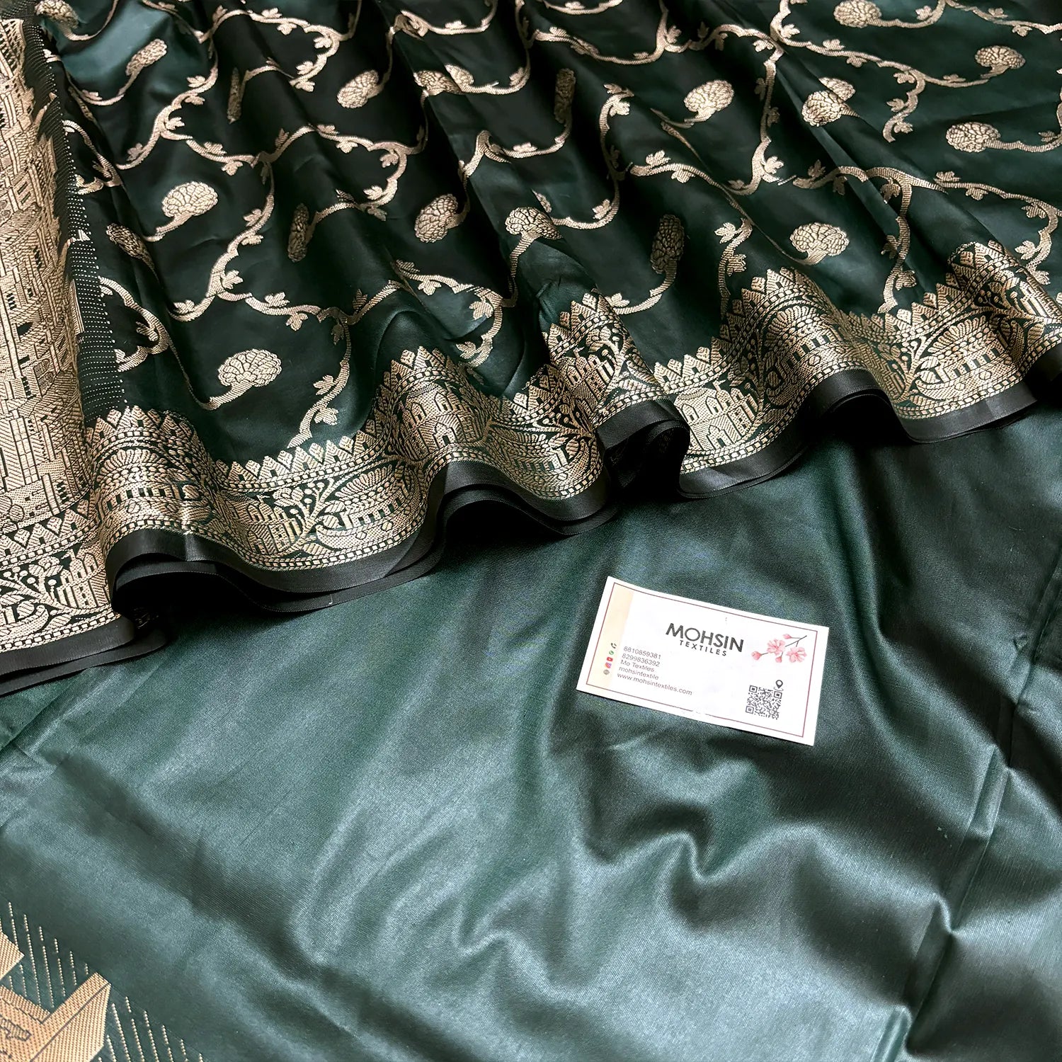 Bottle Green Assi Ghat Plain Semi Katan Silk Banarasi Suit