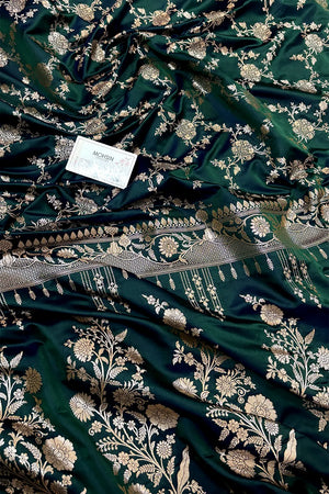 Bottle Green Auda Jhanjaal Katan Mashru Silk Banarasi Saree