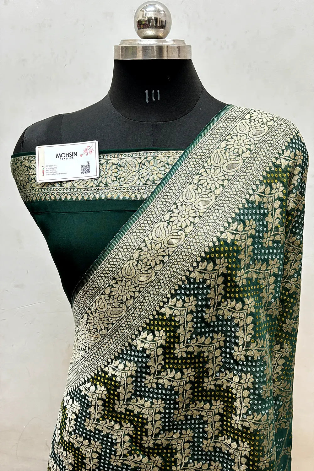 Bottle Green Bandhej Georgette Silk Banarasi Saree