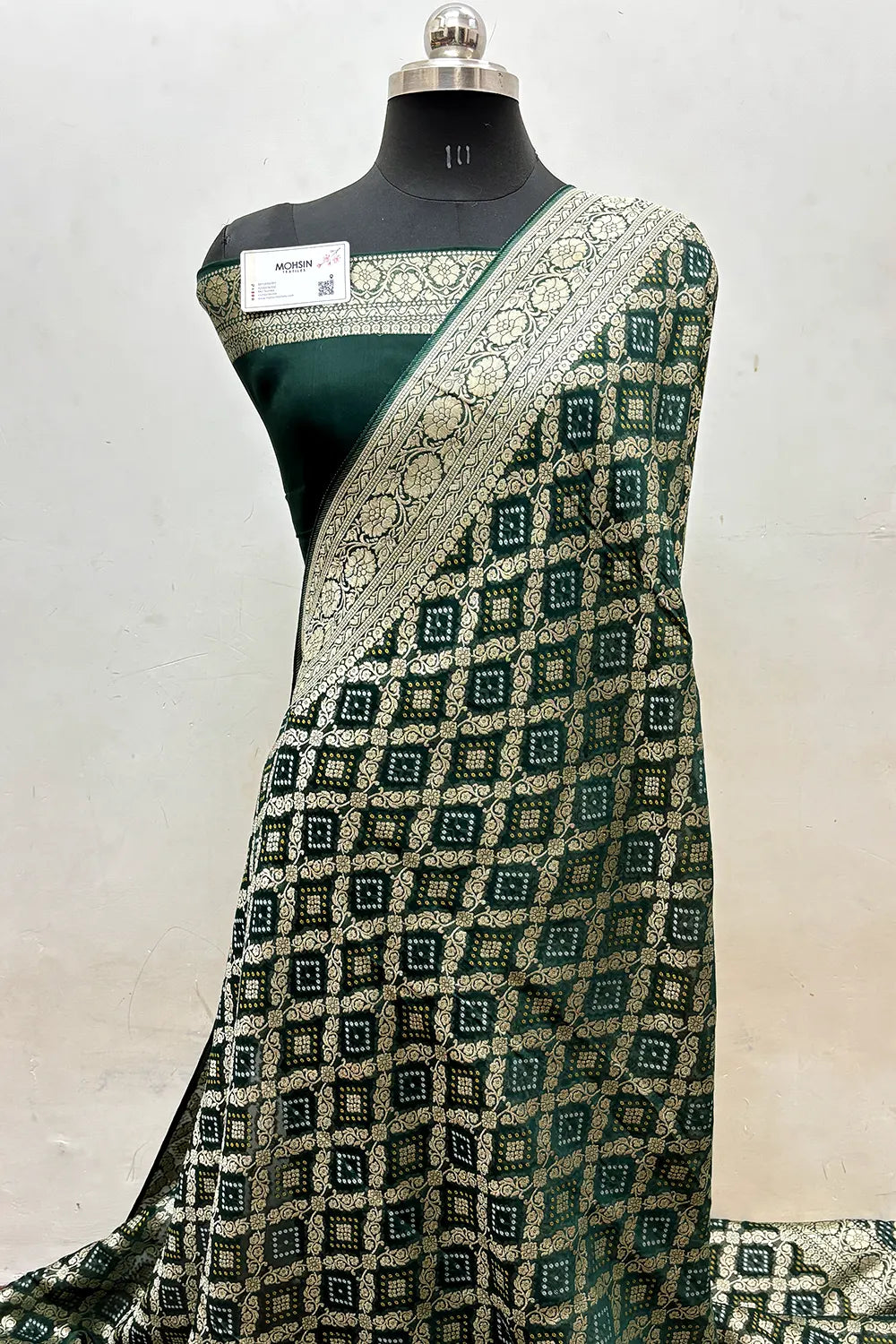 Bottle Green Bandhej Georgette Silk Banarasi Saree