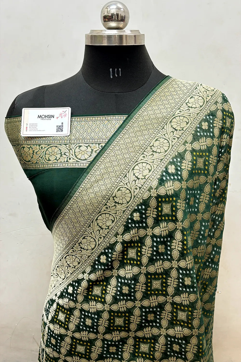 Bottle Green Bandhej Georgette Silk Banarasi Saree