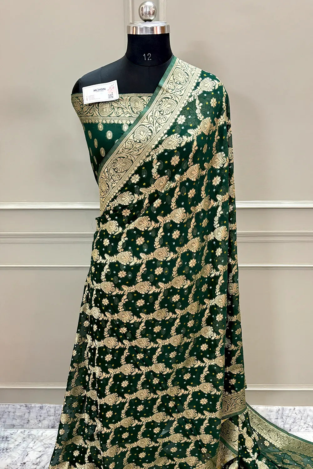 Bottle Green Bandhej Georgette Silk Banarasi Saree