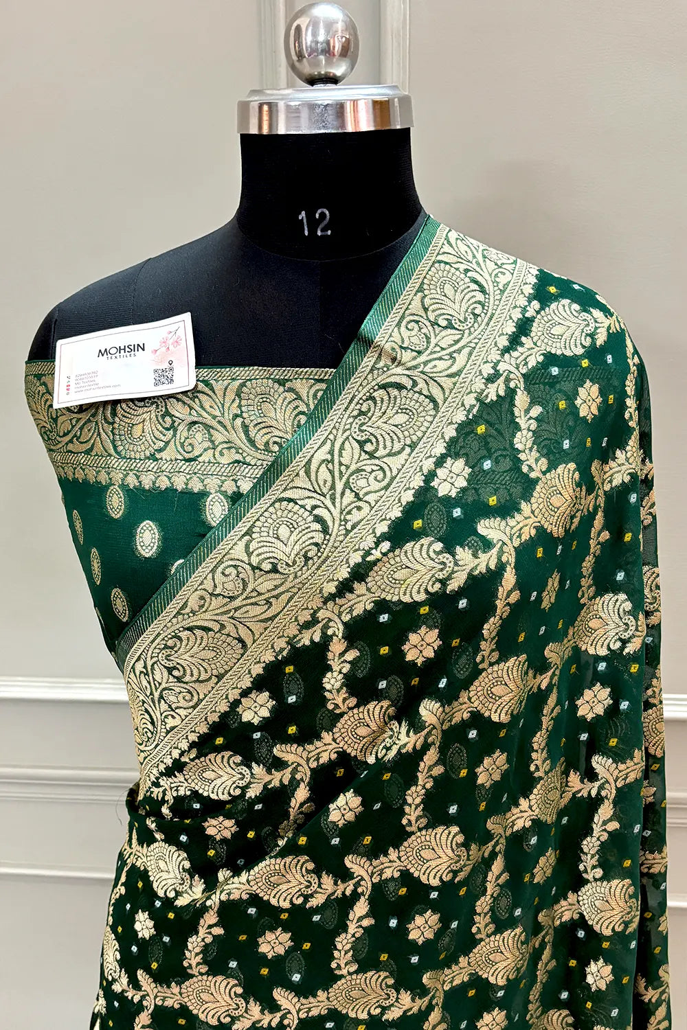 Bottle Green Bandhej Georgette Silk Banarasi Saree