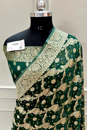 Bottle Green Bandhej Georgette Silk Banarasi Saree