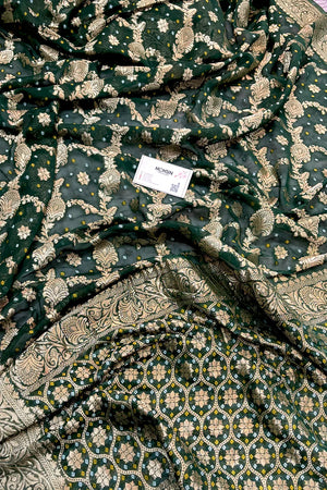 Bottle Green Bandhej Georgette Silk Banarasi Saree