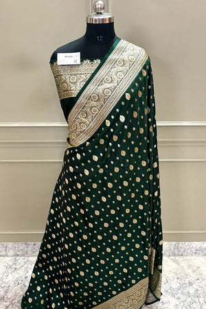 Bottle Green Chunni Munni Buti Katan Silk Banarasi Saree