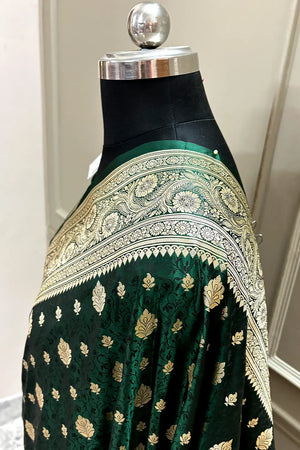 Bottle Green Chunni Munni Buti Katan Silk Banarasi Saree