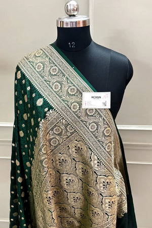 Bottle Green Chunni Munni Buti Katan Silk Banarasi Saree