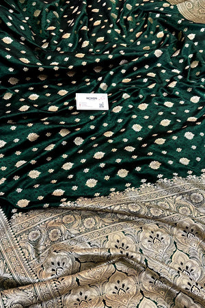 Bottle Green Chunni Munni Buti Katan Silk Banarasi Saree