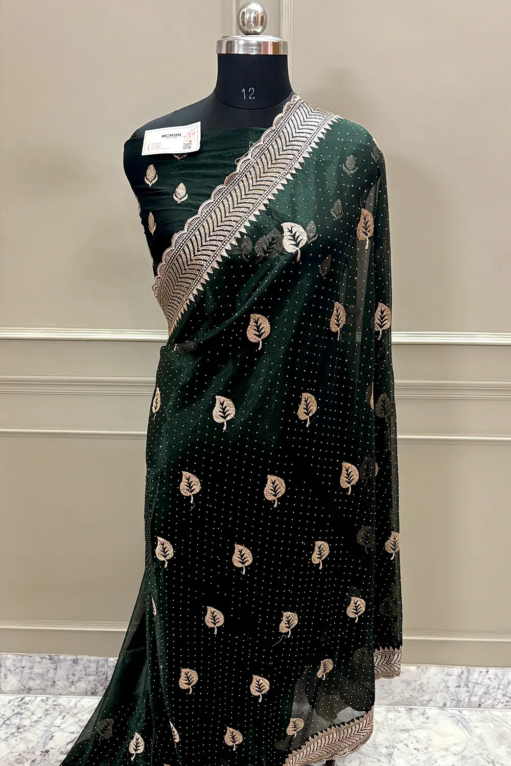 Bottle Green Embordiery Siroski Work Silk Saree