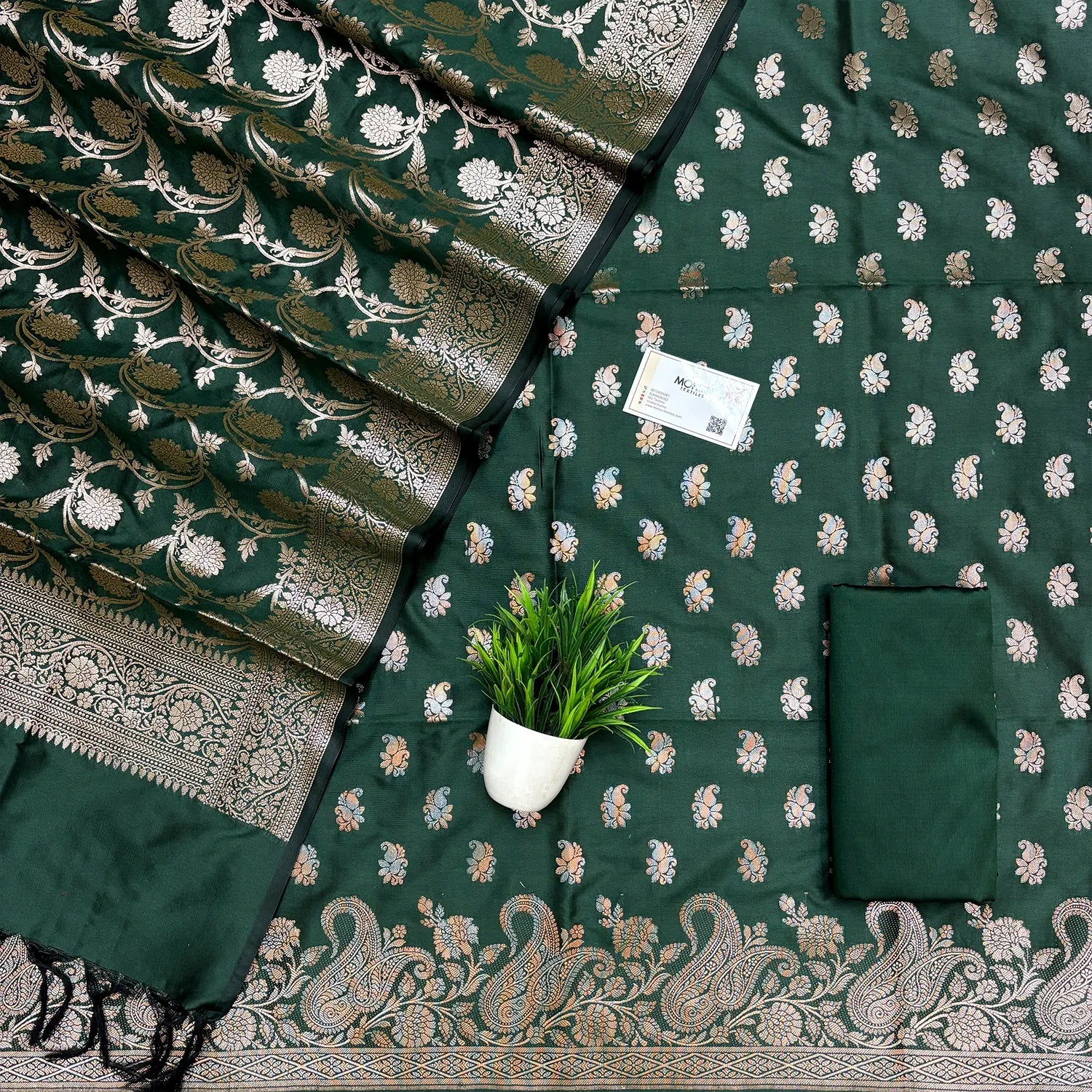 Bottle Green Godzilla Semi Katan Silk Banarasi Suit