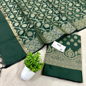 Bottle Green Golden Zari Satin Silk Banarasi Suit