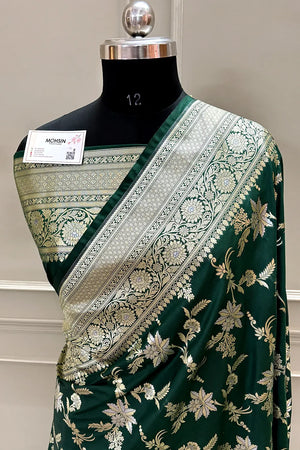 Bottle Green Jasmine Jaal Katan Silk Banarasi Saree