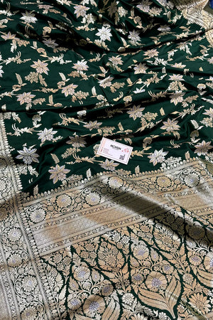 Bottle Green Jasmine Jaal Katan Silk Banarasi Saree