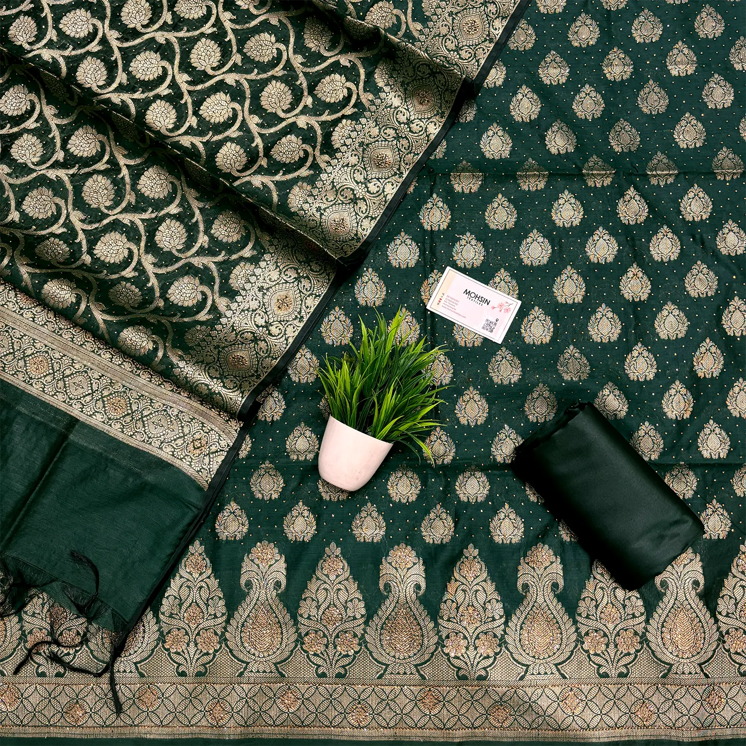 Bottle Green Kalgha Buti Swarovski Banarasi Silk Suit