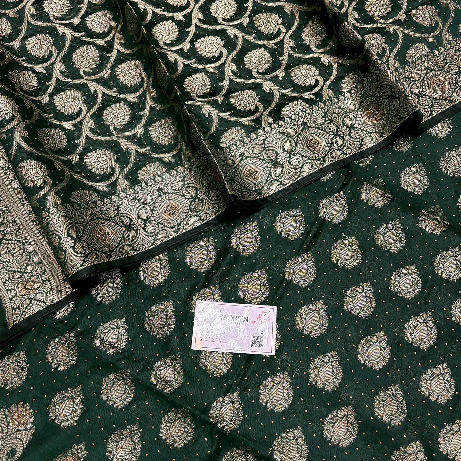 Bottle Green Kalgha Buti Swarovski Banarasi Silk Suit