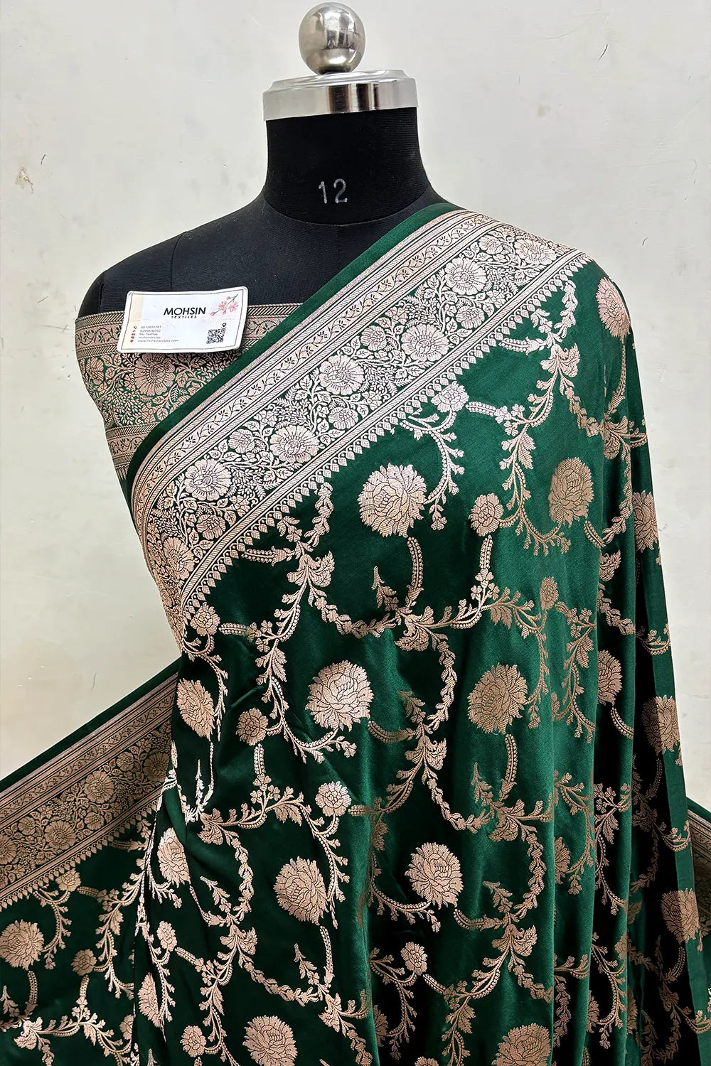 Bottle Green Laabela Jaal Katan Mashru Silk Banarasi Saree