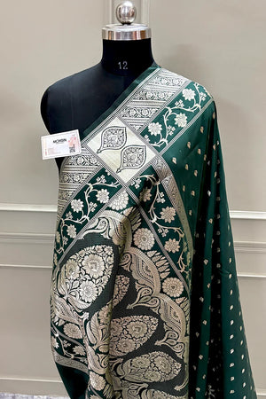 Bottle Green Mahinki Buti Katan Silk Banarasi Saree