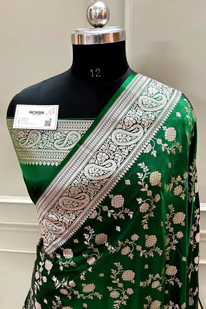 Bottle Green Nafis Jaal Katan Silk Banarasi Saree