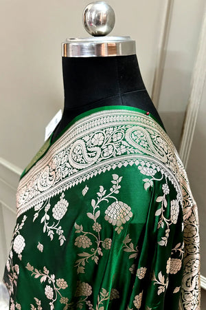 Bottle Green Nafis Jaal Katan Silk Banarasi Saree