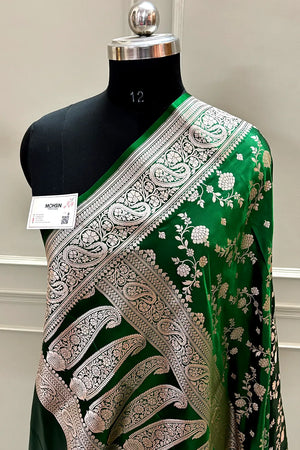 Bottle Green Nafis Jaal Katan Silk Banarasi Saree