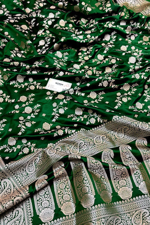 Bottle Green Nafis Jaal Katan Silk Banarasi Saree
