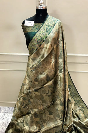 Bottle Green Pashmina Tissue Silk Banarasi Saree