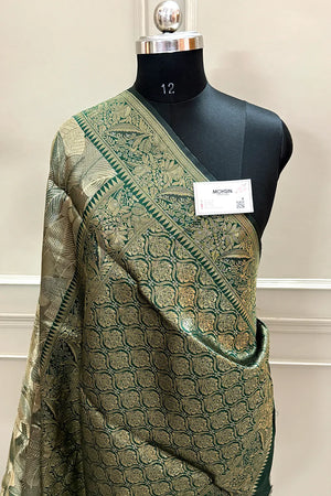 Bottle Green Pashmina Tissue Silk Banarasi Saree