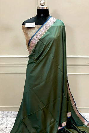 Bottle Green Plain Banarasi Silk Saree