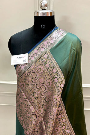 Bottle Green Plain Banarasi Silk Saree