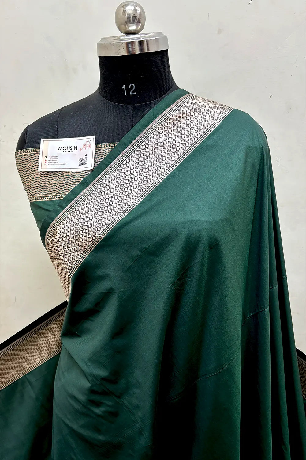 Bottle Green Plain Ghat Katan Silk Banarasi Saree