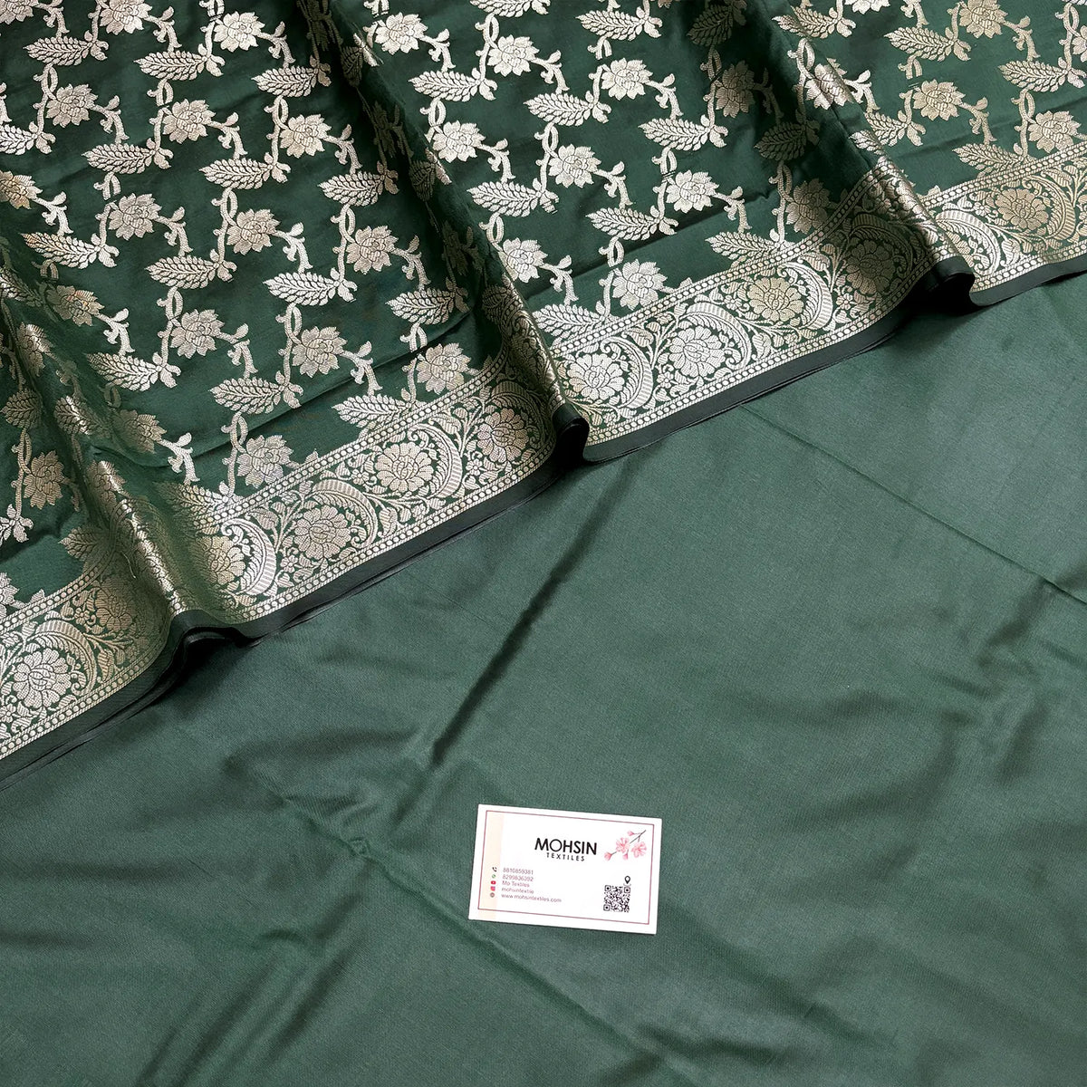 Bottle Green Plain Ghat Semi Katan Silk Banarasi Suit