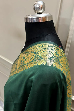 Bottle Green Plain Semi Katan Silk Banarasi Saree