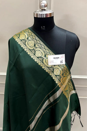 Bottle Green Plain Semi Katan Silk Banarasi Saree
