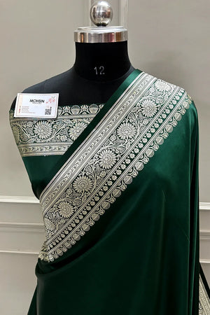 Bottle Green Plain Zari Katan Silk Banarasi Saree