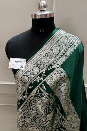Bottle Green Plain Zari Katan Silk Banarasi Saree