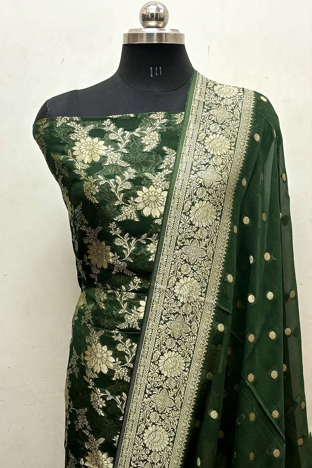 Bottle Green Pure Viscose Georgette Banarasi Suit
