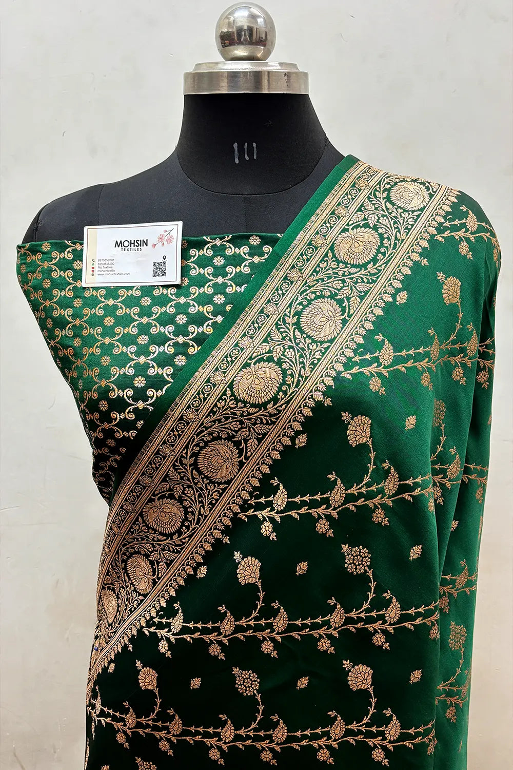 Bottle Green Railway Katan Satin Silk Banarasi Saree