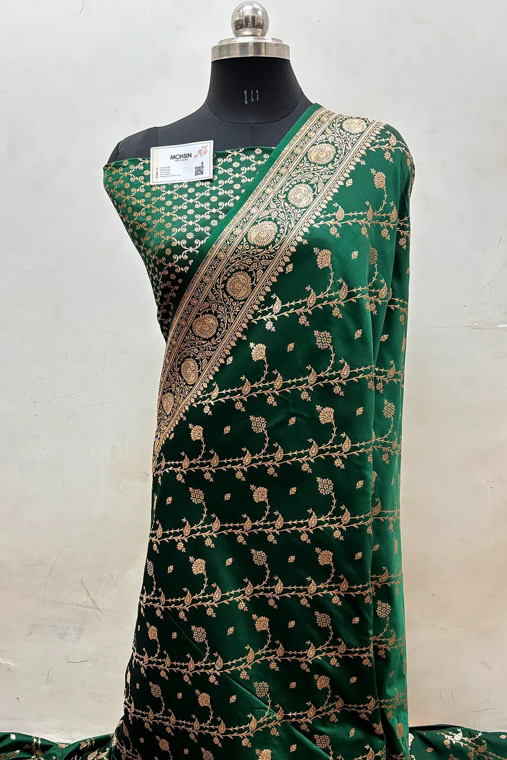 Bottle Green Railway Katan Satin Silk Banarasi Saree