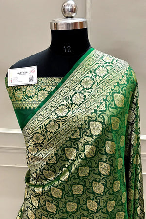 Bottle Green Rajvada Jaal Katan Silk Banarasi Saree