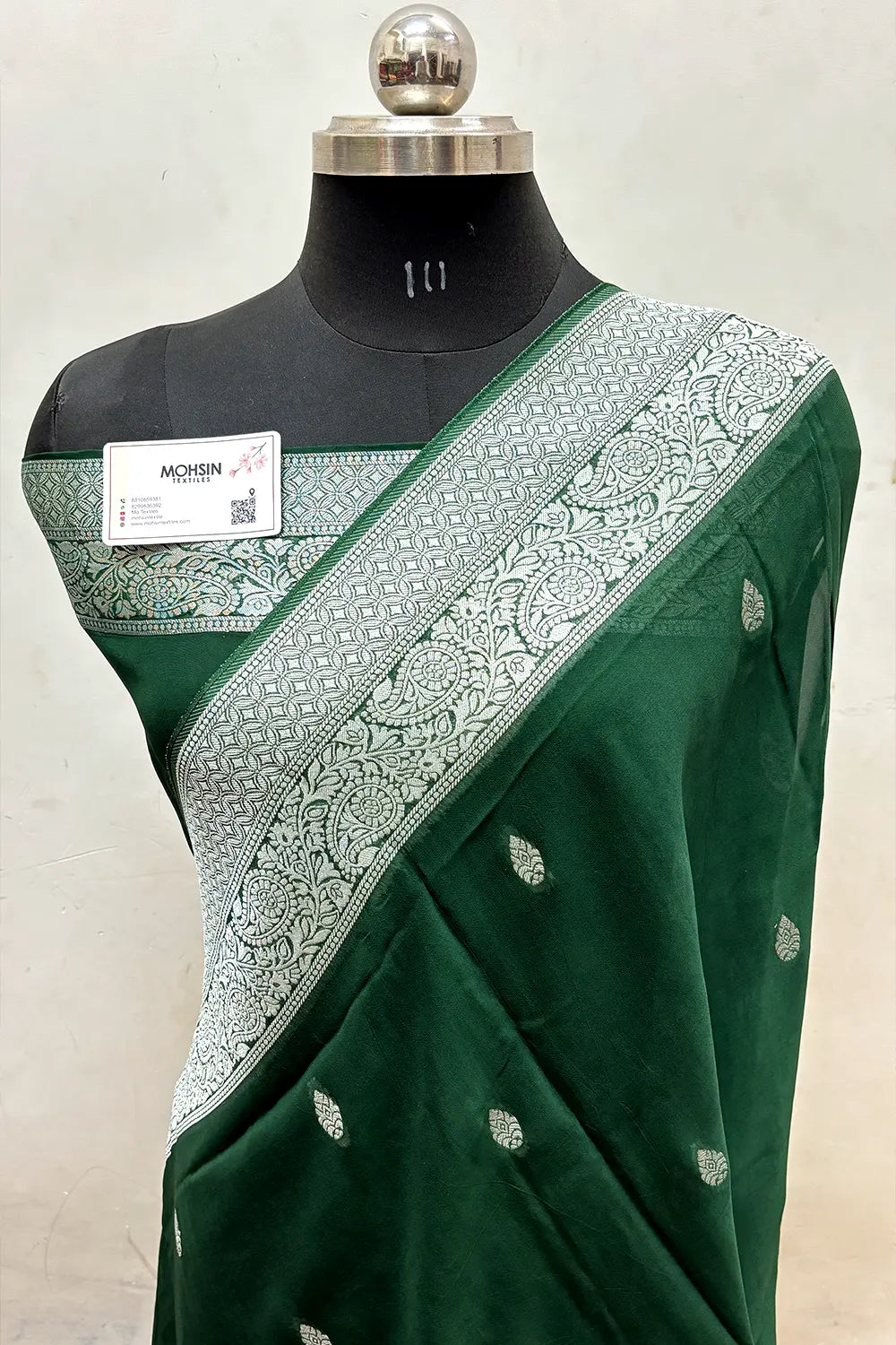 Bottle Green Rupa Buti Pure Viscose Georgette Silk Banarasi Saree