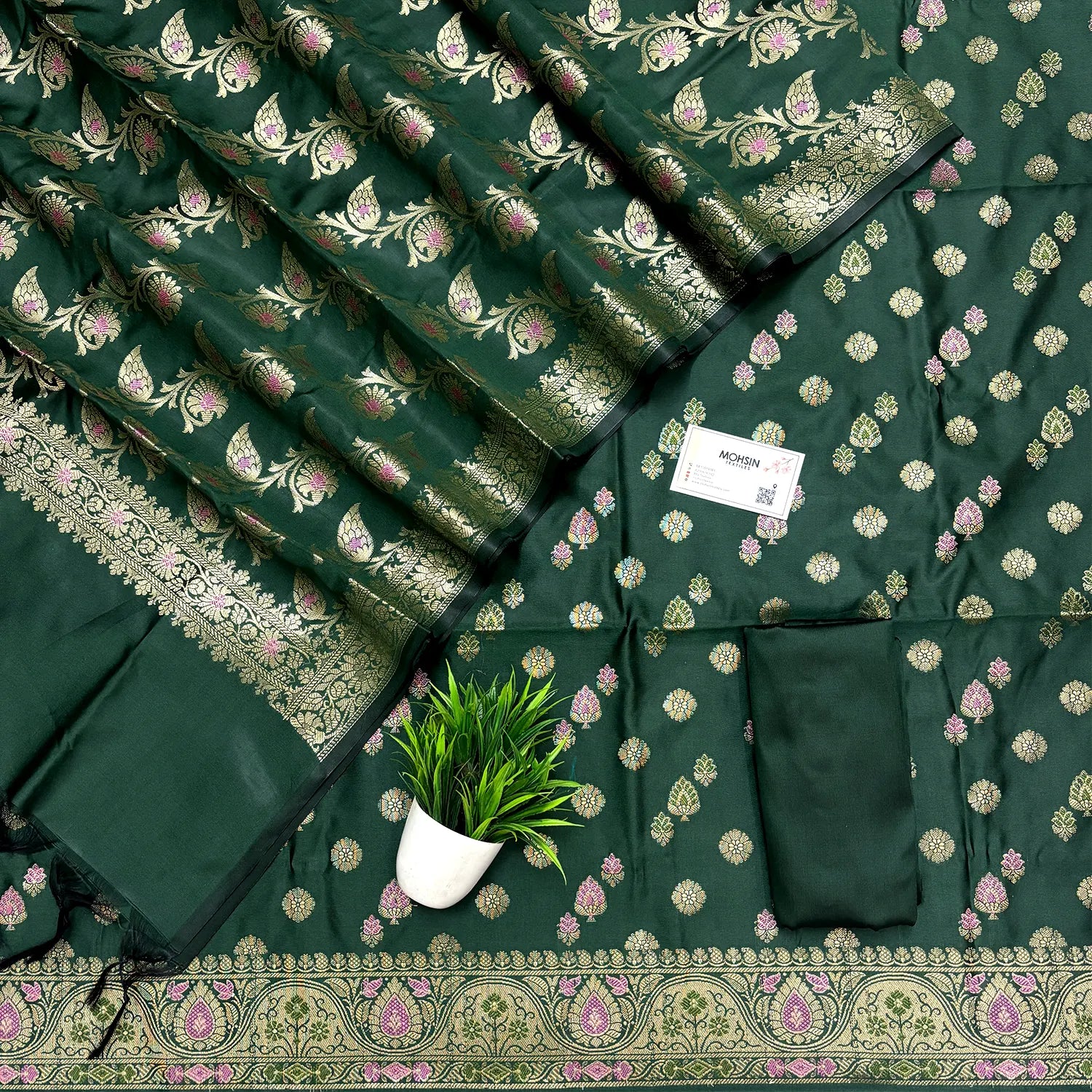 Bottle Green Semi Katan Silk Banarasi Suit