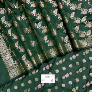 Bottle Green Semi Katan Silk Banarasi Suit