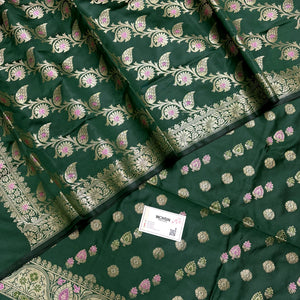 Bottle Green Semi Katan Silk Banarasi Suit