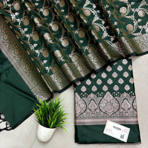Bottle Green Singhasan Buti Semi Katan Silk Banarasi Suit
