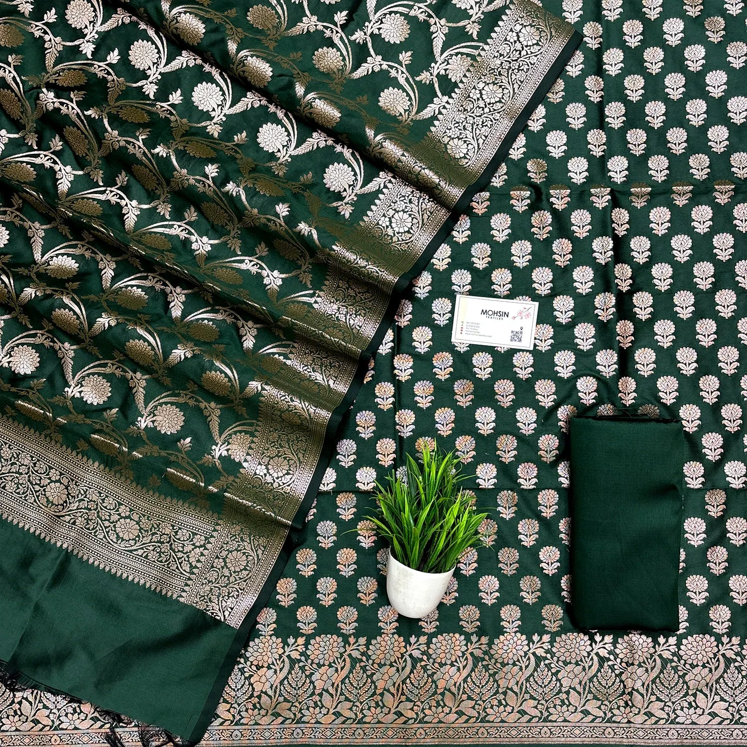 Bottle Green Sunflower Satin Silk Banarasi Suit